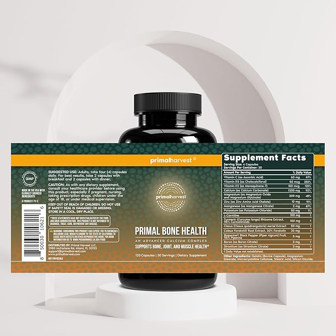Primal Harvest 2 Pack Primal Bone Health Calcium Carbonate Bone Health Complex for Men &amp Women with Calcium Magnesium Zinc Manganese Potassium &amp L-Carnitine (240 Capsules)
