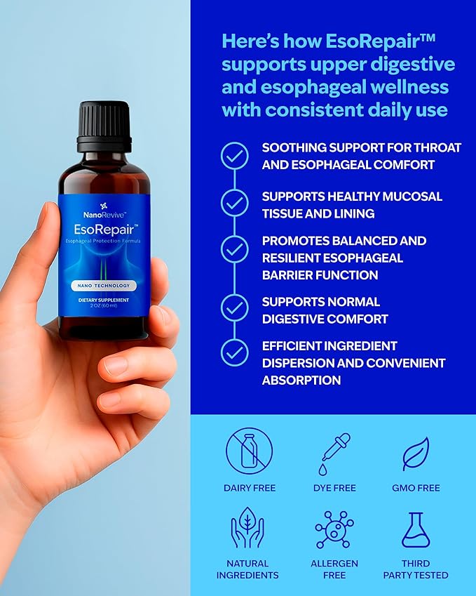 EsoRepair Nano Esophageal &amp Stomach Health Supplements for Men &amp Women - Digestive Comfort - Slippery Elm Bark Zinc L-Carnosine &amp Aloe Vera Extract - Non-GMO &amp Dairy Free