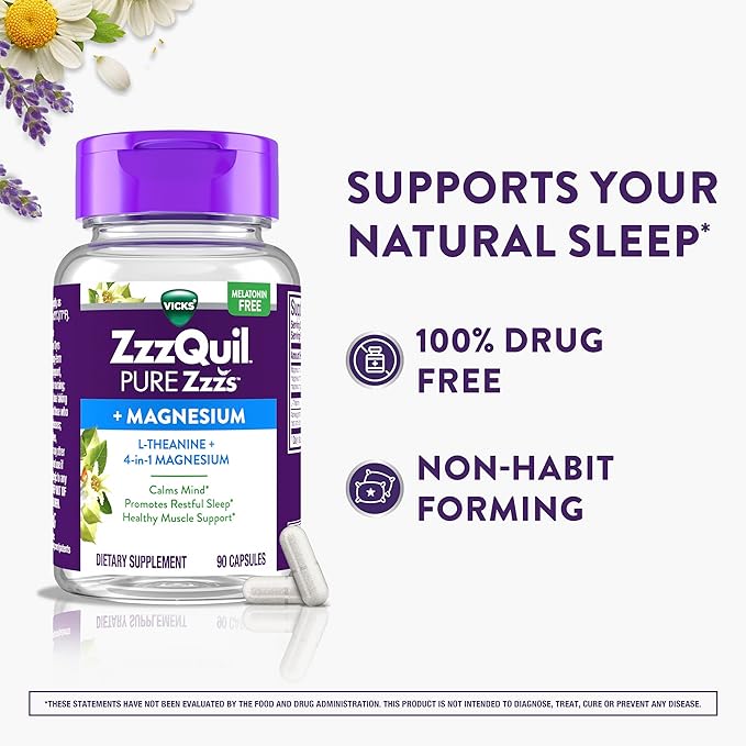 ZzzQuil Pure Zzzs +Magnesium Capsules L-Theanine and Magnesium Sleep Aid 4-in-1 Magnesium: Citrate Bisglycinate Oxide and Carbonate Sleep Aids for Adults 90 Sleep Capsules