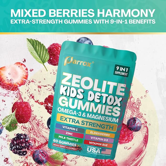 Zeolite Kids Detox Gummies 9-in-1 Extra Strength with Zeolite Omega-3 Magnesium Elderberry Vitamin C Milk Thistle Vitamin D3 Zinc B12 – Sugar-Free (Mixed Berry Flavor - 2 Pack)