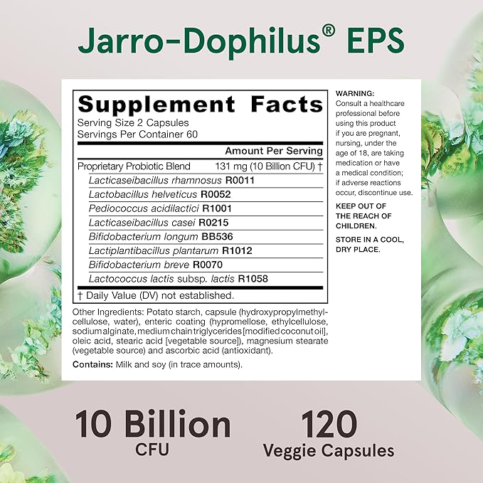 Jarrow Formulas Jarro-Dophilus EPS Probiotics 10 Billion CFU for Intestinal Tract Support Probiotic Supplement for Gut Health for Women and Men 120 Veggie Capsules Up to a 60 Day SupplyPack of 12