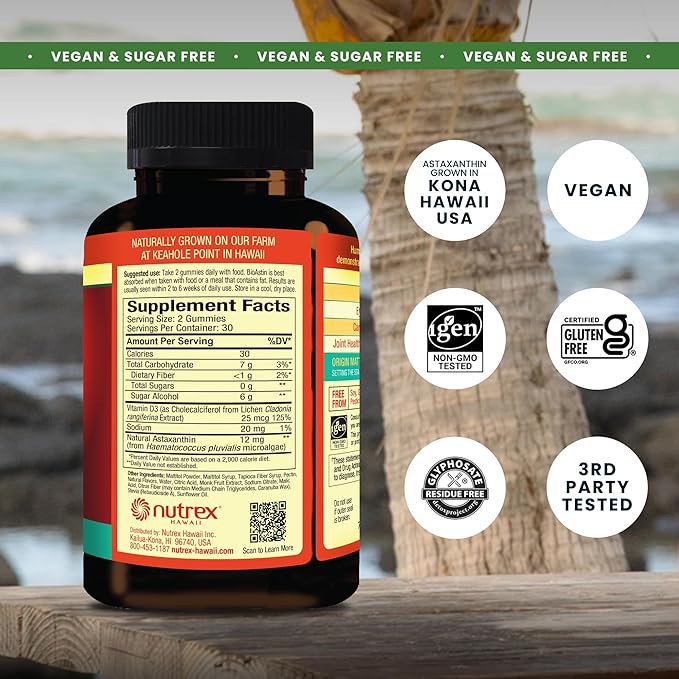 Nutrex Hawaii BioAstin Hawaiian Astaxanthin - 12mg 60 Gummies - Farm-Direct Premium Antioxidant Supplement to Support Eye Skin Joint &amp Immune System Health - Non-GMO &amp Gluten-Free