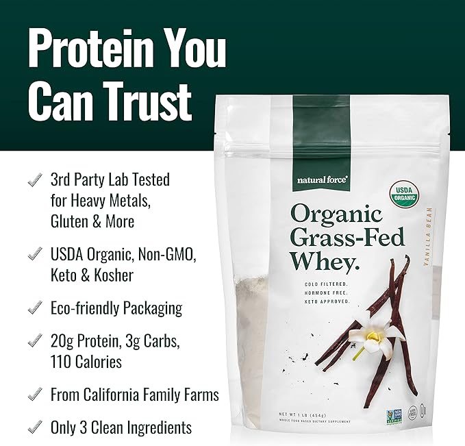 Natural Force Grass Fed Organic Whey Protein Powder Vanilla Flavor 16 oz Pure Organic Bone Broth Protein Powder 10.8 oz