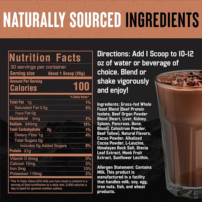 The Fittest Whole Feast Beef Protein Powder - Milk Chocolate - Grass Fed Nose to Tail Carnivore Blend Including Liver Colostrum and Whole Bone - BCAAs - 14g Collagen 21g Total Protein