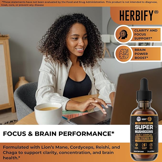 Mushroom Supplement - Lions Mane Reishi Cordyceps Chaga Turkey Tail Inulin &amp More Mushrooms For Immune Support Energy - Premium Nootropic Brain Supplements For Memory And Focus - Made in USA 2 FL