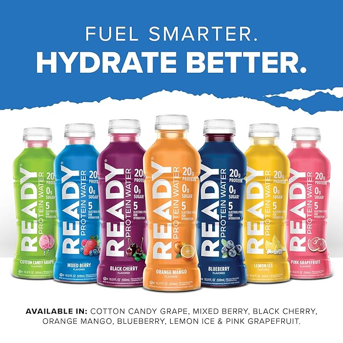 Ready® Clear Protein Water – 20g Whey Protein Isolate Zero Sugar Low-Calorie Sports Drink for Hydration &amp Recovery – Electrolytes Essential Amino Acids – Black Cherry 16.9 fl oz Bottles (12-Pa