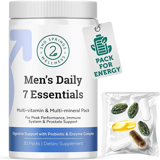 Daily 7 Essentials Men's Vitamin Pack - 7 Pack Adult Male Multivitamin &amp Multimineral Pack for Energy Metabolism Immune System Support Prostate Support with Probiotic Digestive Enzymes