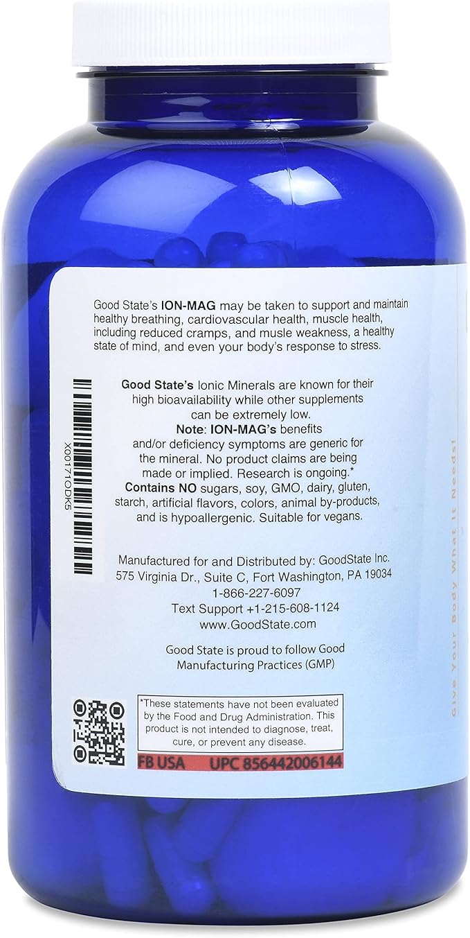 Good State | ION-MAG - Ionic Magnesium Chloride Supplement | Men/Women's Nano Ionic Magnesium Chloride Supplement | (115mg Each) (240 Veggie Capsules)