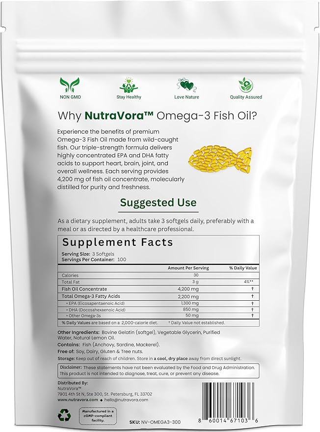 Triple Strength Omega-3 Fish Oil – 4200 mg Per Serving with 1300 mg EPA + 850 mg DHA – Lemon Flavor Burpless Formula – Wild-Caught Non-GMO Gluten-Free – 300 Softgels