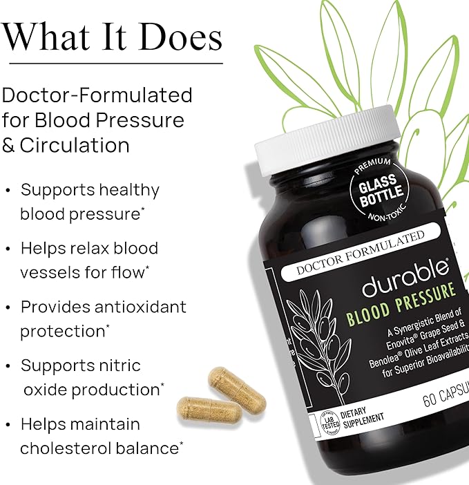 Durable Blood Pressure – Benolea Olive Leaf &amp Enovita Grape Seed Extract – Healthy Circulation Nitric Oxide &amp Artery Support – Doctor Formulated Vegan Non-GMO Made in USA (180 Capsules)