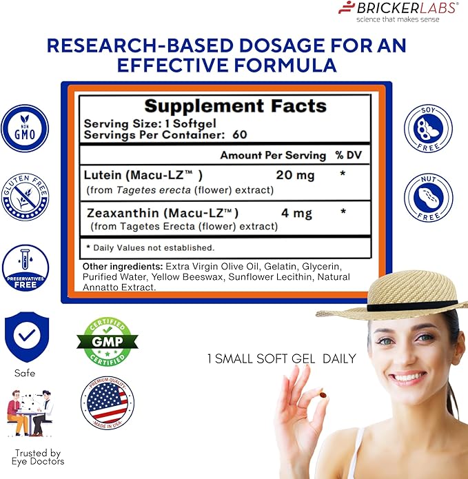 Bricker Labs Natural Lutein + Zeaxanthin Eye Supplement – Supports Eye Brain and Skin Health with Macular Carotenoids Superior Bioavailability AREDS2 Chosen Lutein Source – 60 Soft Gels
