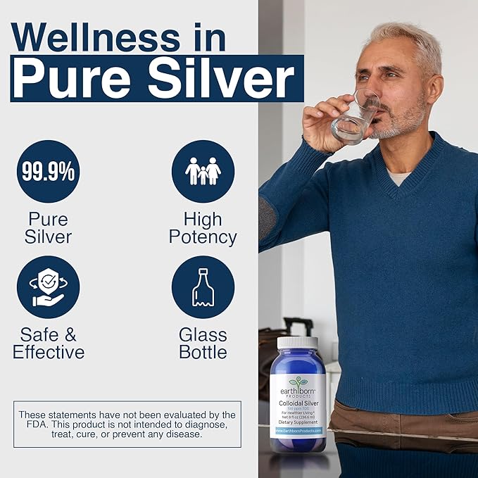 Earthborn Colloidal Silver Liquid (8oz) - 100PPM Pure Monatomic Silver Water - 99.9% Natural Nano Silver Liquid Supplement for Immune Support* Non-GMO Glass Bottle | Made in USA