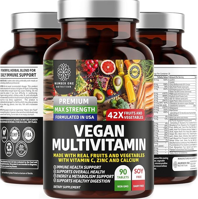 Number One Nutrition N1N Premium Super Fruits &amp Veggies Supplement [40 Whole Foods] and Vegan Multivitamin [86 Ingredients Plant-Based] 2 Pack Bundle