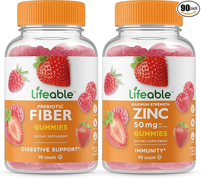 Lifeable Prebiotic Fiber 5g + Zinc 50mg Gummies Bundle - Great Tasting Vitamin Supplement Gluten Free GMO Free Chewable Gummy