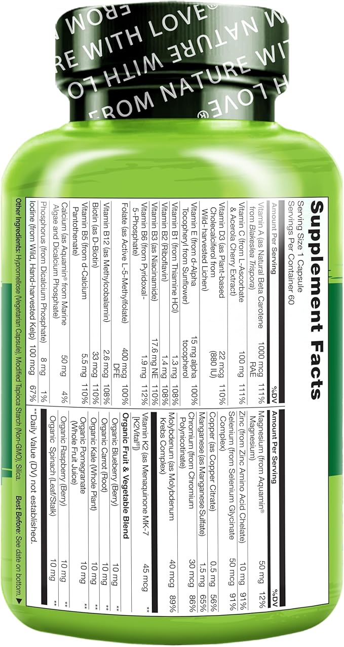 NATURELO Mens Multivitamins - One Daily Multivitamin for Men with Vitamins Minerals &amp Organic Whole Foods Boost Energy &amp Health Non-GMO 60 Vegetarian Capsules