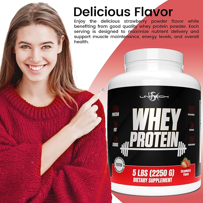 Unitech USK Whey Protein Strawberry Powder | Muscle Repair &amp Metabolism Support | Protein with Essential Amino Acids Enzymes &amp Minerals | Sports Supplement | Strawberry Flavor 80oz