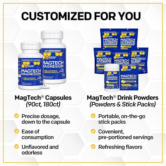 Magtein Magnesium L-Threonate Glycinate &amp Taurate - MagTech Magnesium Powder - Sugar Free Lemonade Drink - 200mg Chelated Triple Complex - Supports Relaxation &amp Brain Health* - 30 Servings