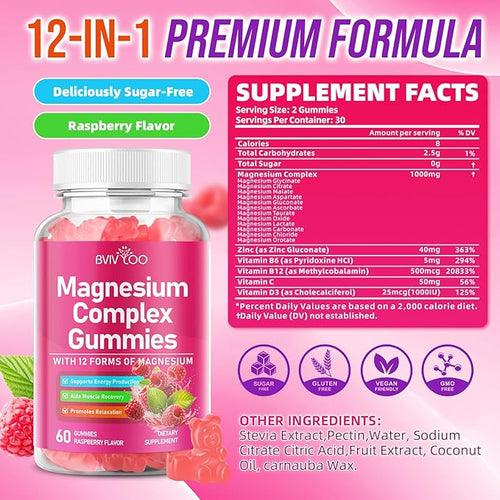 2 Pack Magnesium Complex Gummies – with 12 Forms of Magnesium Plus Vitamins B6 B12 &amp C. Vegan Strawberry Gummies to Support Mood for Adults 120 Count