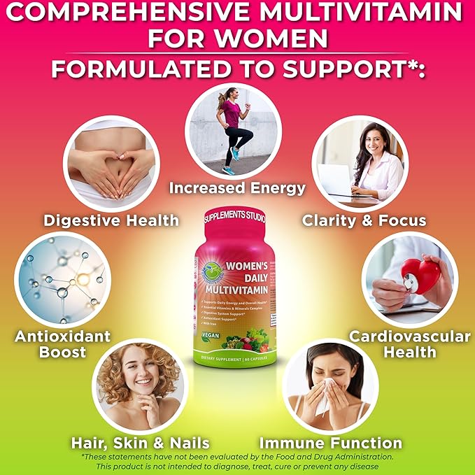 SUPPLEMENTS STUDIO Comprehensive Wellness &amp Bone Health Bundle - Women's Daily Multivitamin with Iron + Plant-Based Calcium Magnesium Zinc D3 K2 &amp Turmeric - Vegan Non-GMO Clean Ingredie