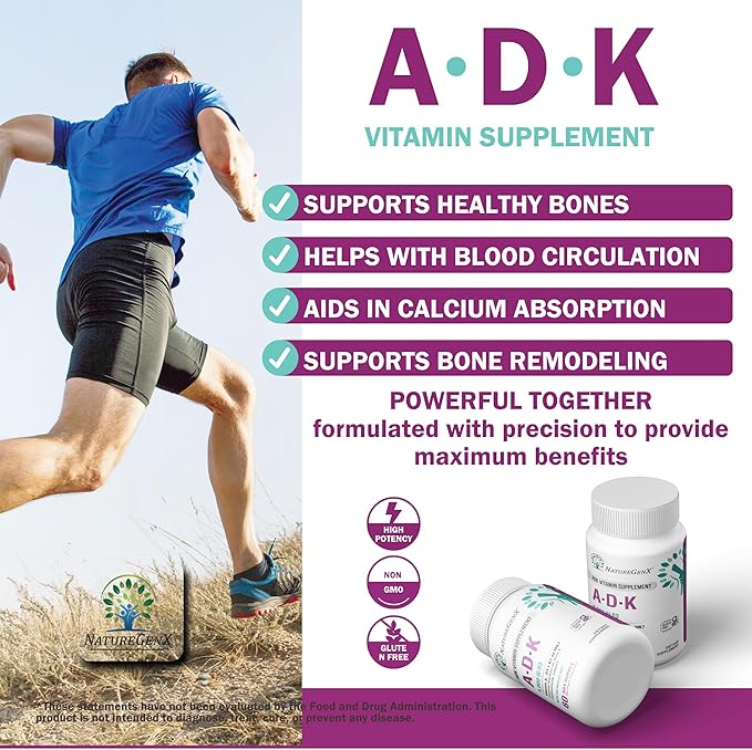 ADK Vitamin Supplement - Enhanced Bone Health with High Potency Vitamins A D3 K2 Gluten-Free 60 Capsules (Pack of 2)