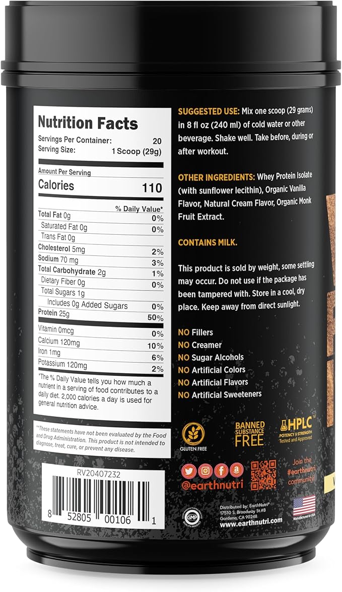 EarthNutri - Whey Isolate Protein Powder - Post Workout Recovery Powder for Muscle Recovery &amp Growth - 25g Protein - Easily Digestible - Non-GMO &amp Gluten-Free - Vanilla Flavor - 20 Servings(1.