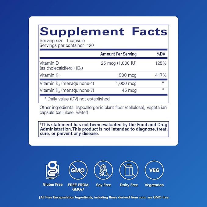 Pure Encapsulations Synergy K - with Vitamin K1 K2 &amp D3 - Supports Bones Blood Vessels Vascular Elasticity &amp Calcium Utilization* - Includes Cholecalciferol - Gluten Free &amp Non-GMO - 12