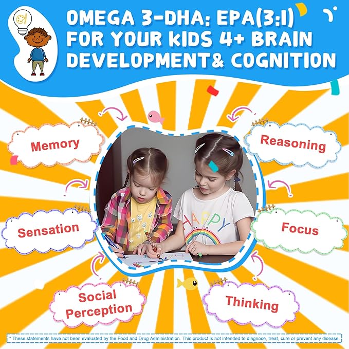 Omega 3 (EPA/DHA) Filled Gummies for Kids Teen with Multivitamin Calcium + D3 + K2 + Zinc Plus Vitamin A B1 B2 B12 C Selenium Iodine for Brain Eye Bone Energy No Fish Taste Sugar Free