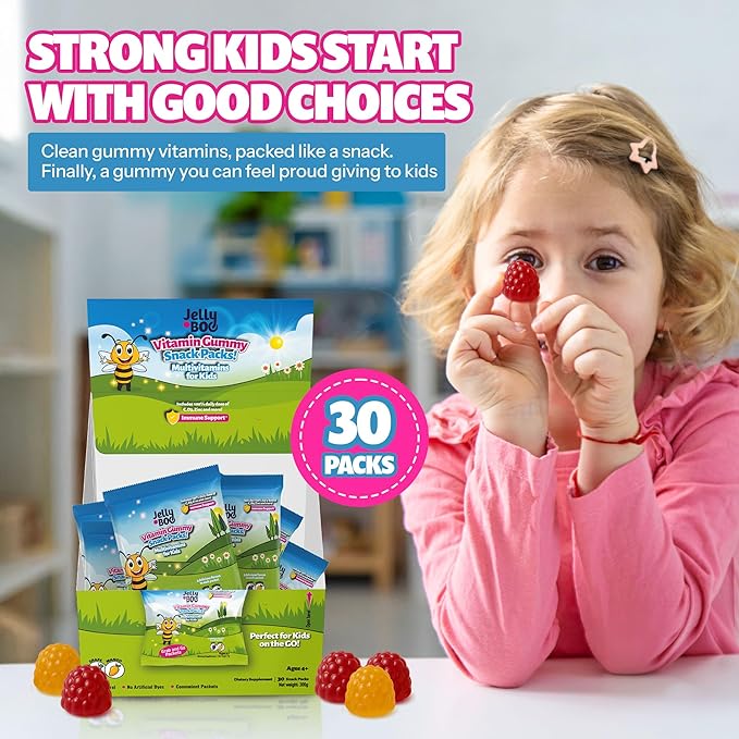 Kids Daily Multivitamin - Healthy Snacks For Kids – No Sugar No Dyes Monk Fruit Sweetened Vegan Gluten-Free- 100% Daily Value of Vitamins C D3 Zinc – 30 Travel Lunch Packs of Sugar Free Gummies
