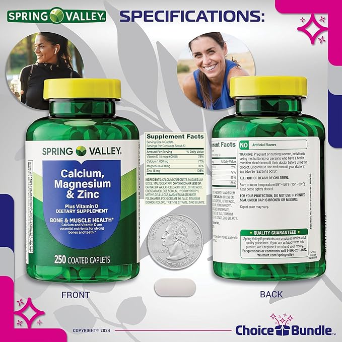 Spring Valley Calcium Magnesium &amp Zinc Plus Vitamin D Coated Caplets 250 Ct 3 pk (750 Total) + Vitamin Vitality &amp Pill Container (5 Items)!