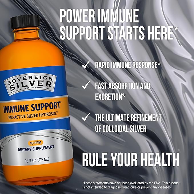 Sovereign Silver Bio-Active Silver Hydrosol for Immune Support - Colloidal Silver Liquid -10 ppm 16oz (473mL) - Value Size