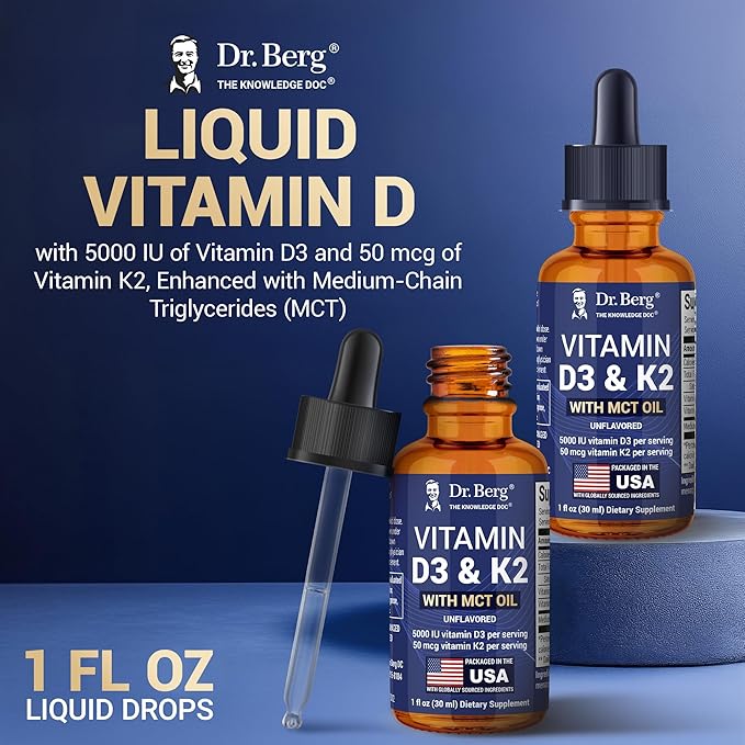 Dr. Berg Maximum Strength Vitamin D3 K2 Liquid Drops with MCT Oil – 5000 IU Liquid Vitamin D3 with K2 – Supports Strong Bones Heart Energy Immunity and Overall Vitality* - Unflavored 1 Fl Oz