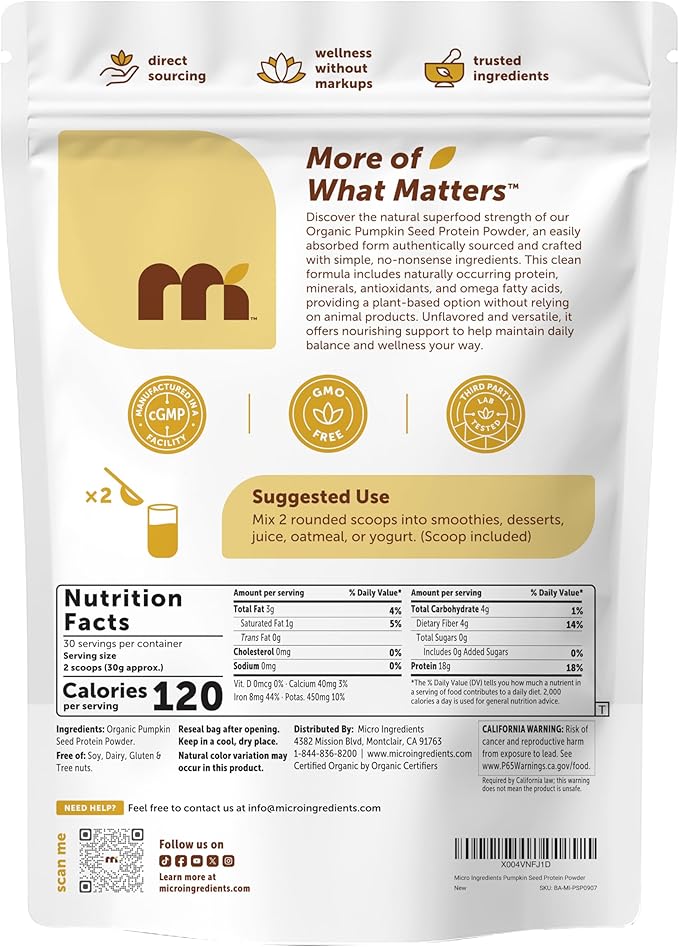Micro Ingredients Organic Pumpkin Seed Protein Powder 2lb | Raw Plant-Based Protein | Single-Ingredient Powder | Smooth Texture &amp Versatile Use | Non-GMO Soy Free