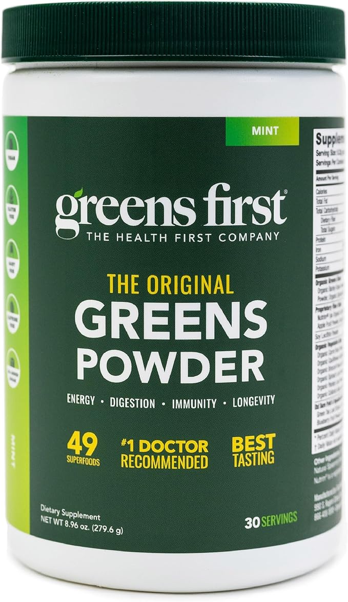 Greens First - Mint - 30 Servings - Greens Powder Superfood 49 Superfoods 15+ Organic Fruit &amp Vegetables Dairy Free Vegan &amp Non-GMO - 9.86 oz and D3+K2 Vitamins 60 Vegetable Capsules