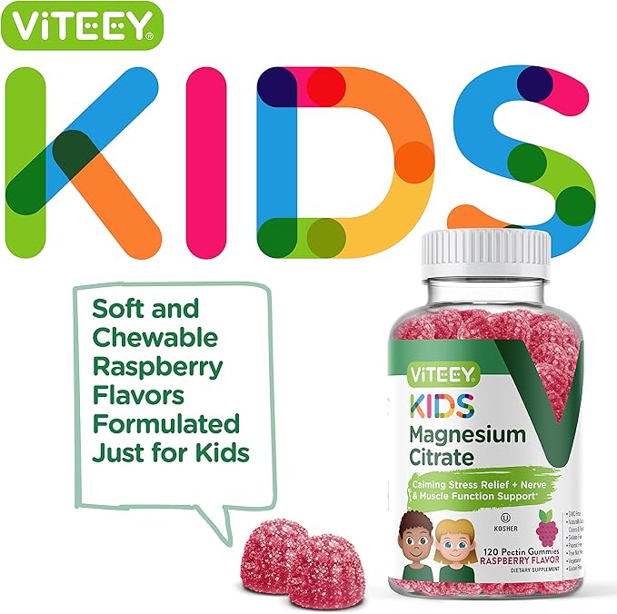 Viteey Kids Magnesium Citrate Gummies - Supports Sleep Aid Calm Gummies Muscle Relaxer Optimal Relaxation - Vegetarian Gelatin Free Gluten Free GMO Free - Tasty Chewable Raspberry Flavored Gummy