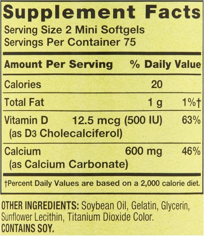 Spring Valley Calcium Plus Vitamin D3 150 Mini Softgels | Calcium Supplement | softgels | Calcium 600 mg with Vitamin d3 | Calcium Carbonate 600 mg 150 Mini Softgels + DRI Sticker