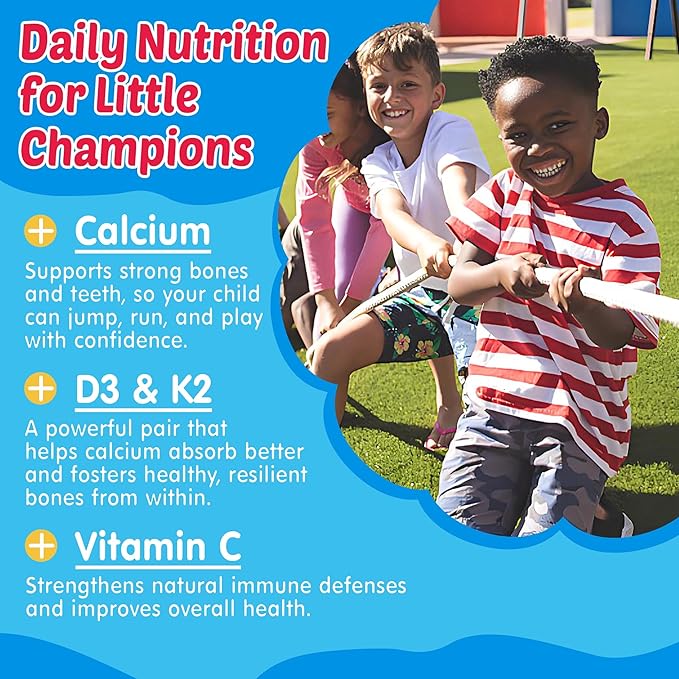 Kids Omega 3 Gummies + Calcium 400mg + Vitamin D3 K2 + C Omega-3 DHA &amp EPA Supplement - No Fish Burps No Sugar - Kids &amp Teens Omḛga 3 + Multivitamin Gummy for Strong Bones Brain Immune Ey