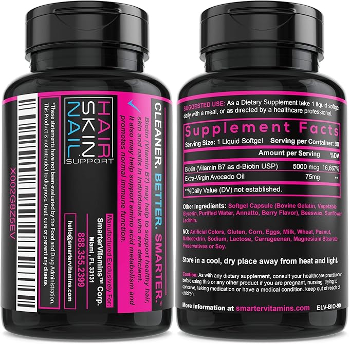 Smarter Biotin 5000mcg in Avocado Oil Vitamin B7 Hair Skin &amp Nail Support Non-GMO 90 Mini Liquid Softgels No Soy