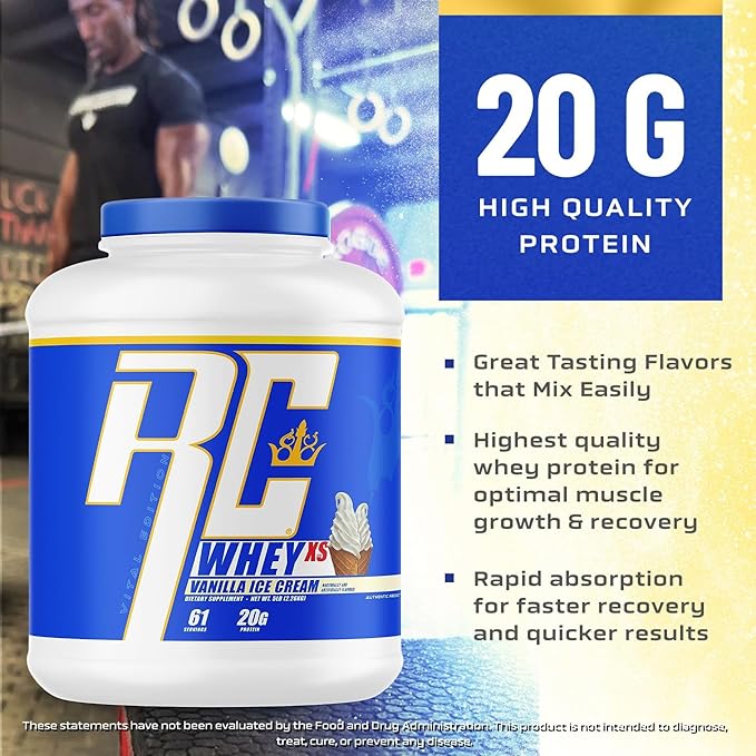 Ronnie Coleman Whey XS Whey Protein Powder Vanilla Ice Cream 61 Servings – 20g Whey Isolate Protein Powder with BCAAs EAAs &amp Glutamine – Low Sugar Supplement for Muscle Growth &amp Recovery