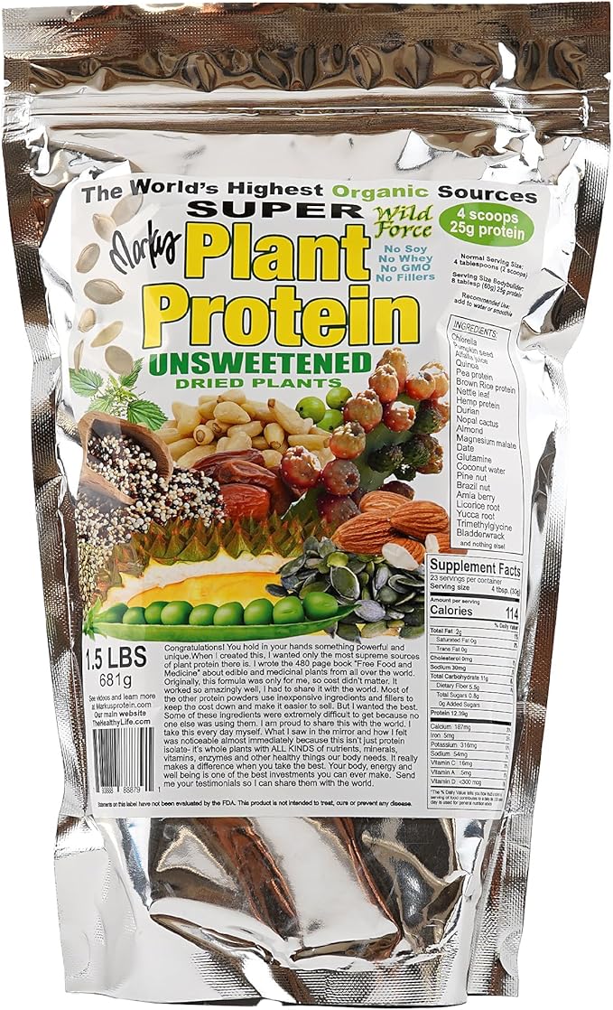 Super Plant Protein - Unsweetened - Protein Powder Enriched with Exotic Pine Nuts Durian &amp Prickly Pear Cactus - Digestive-Friendly Nutrient-Rich
