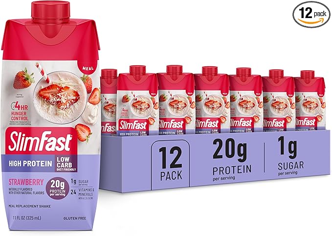 SlimFast Protein Shake Strawberry- 20g Protein Meal Replacement Shake Ready to Drink High Protein with Low Carb and Low Sugar 24 Vitamins and Minerals 12 Count (Pack of 1) (Packaging May Vary)