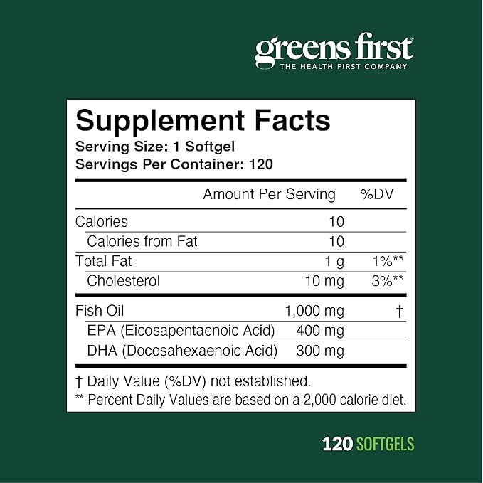 Greens First Omega-3 Optimize Daily Supplement – Ultra-Pure Potent Marine Oil - for Heart Brain &amp Joint Health - High EPA/DHA - Immune Support - 850mg (120 Softgels)