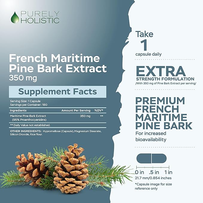 Purely Holistic Pine Bark Extract 350mg 180 Vegan Capsules 95% Proanthocyanidins - French Maritime Pine Bark Extract - Non GMO &amp Pesticide Free Antioxidant Supplement
