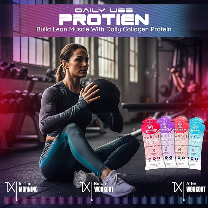 NewTrition® 17000mg Liquid Protein Shots Fast-Absorbing with Hydrolyzed Marine Collagen 22 Amino Acids Vitamin B12 Zero Sugar &amp Caffeine Recovery Marine Collagen Shots - Easy Protein Packets 1