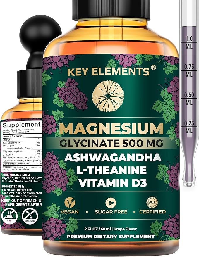 Liquid Magnesium Glycinate 500mg | Ashwagandha with L Theanine and Vitamin D3 Magnesium Supplement | Ashwagandha and Magnesium with L-Theanine | Stress Relief Sleep and Calm