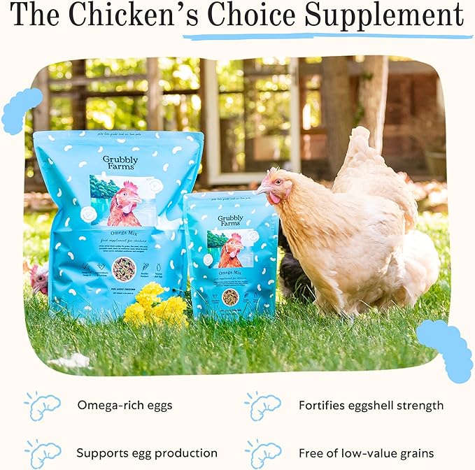 Grubbly Farms Omega Mix Chicken Treats for Laying Hens - Superfood and Omega-Rich Chicken Feed Supplement to Support Egg Production Strong Eggshells and Nutritious Yolks - 5LB