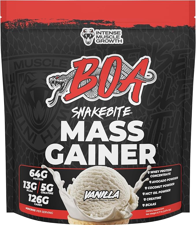 BOA Snakebite Mass Gainer Powder – 64g Protein 126g Carbs &amp 5g Creatine Per Serving – High Calorie Weight Gainer for Muscle Growth &amp Recovery – Chocolate Vanilla Cookie Butter (Vanilla)