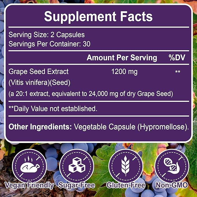 HEONSUMLY Grape Seed Extract 1200mg Powerful Antioxidant Support Non-GMO Gluten-Free 60 Capsules