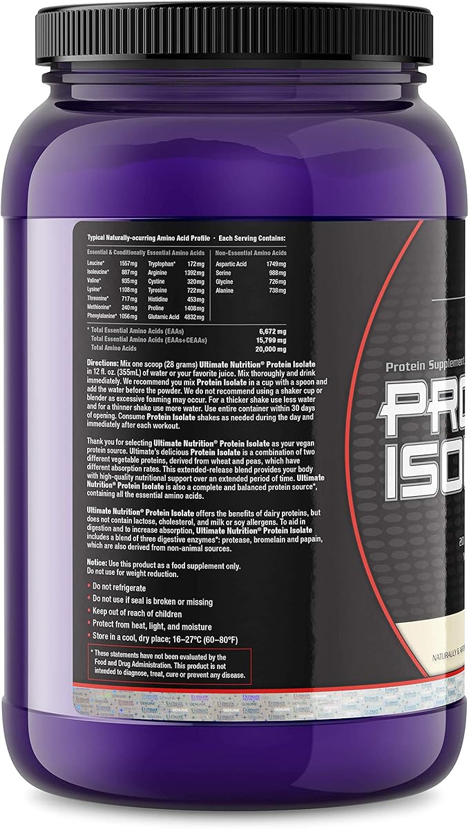 Ultimate Nutrition Vegan Plant Based Protein Isolate Powder - No Sugar and No Lactose - 20 Grams of Protein Per Serving with 100% Naturally Occurring BCAAs Vanilla 2 Pounds