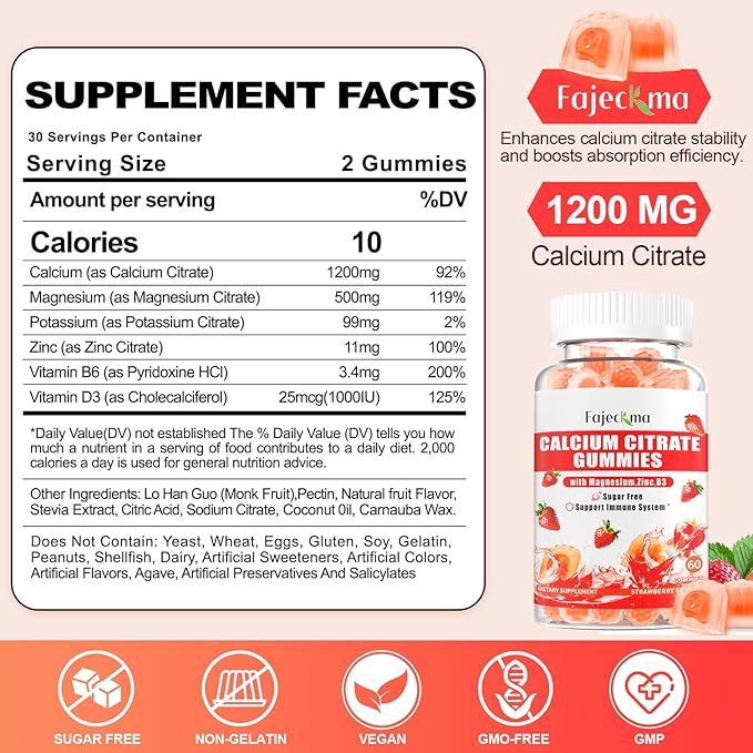 Calcium Citrate Gummies for Women Men: 1200 Calcium Magnesium Zinc with Vitamin D3 B6 Supplement for Adult - Vegan High Absorption Chewable Gummy Energy Support Sugar Free(120Count)