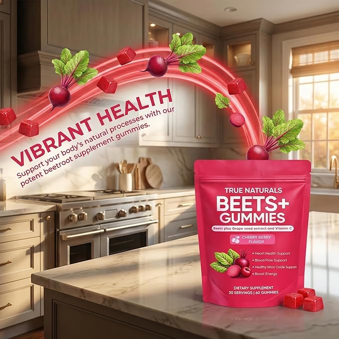 Beets+ Gummies - Beet Root Powder with Grape Seed Extract &amp Vitamin C Nitric Oxide Support Formula for Circulation &amp Cardiovascular Wellness Sugar-Free Dietary Supplement - 60 Gummies